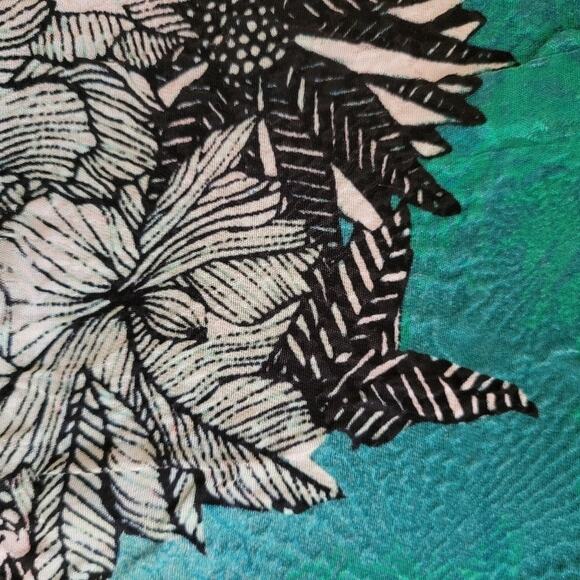 Citron Aqua Floral Pullover Silk Top with Sheer Black Asymmetric Panel, Sz Med - Picture 5 of 8